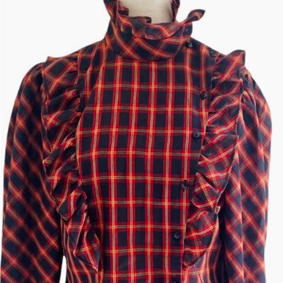 Vintage 80’s Red Plaid Ruffled Blouse - Picture 1 of 10